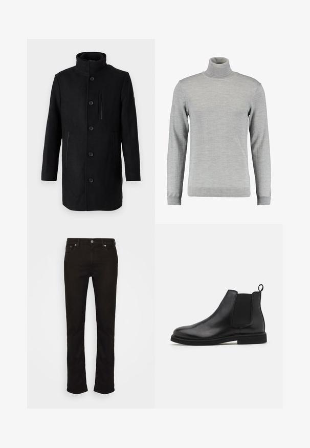 TOM TAILOR 2 IN 1 COAT - Wintermantel - black; Lichtgrijze coltrui gemaakt van zachte stof, met lange mouwen, geribbelde manchetten en hals, met een gladde textuur en een klassieke snit.; Zwarte spijkerbroek van denim met een rechte pijp, voorzien van een klassiek vijf-pocket ontwerp, metalen knoopsluiting en subtiele stikdetails.; Zwarte leren Chelsea boots met elastische zijpanelen en een trekband. Ronde neus en platte rubberen zool, met een gladde afwerking.
