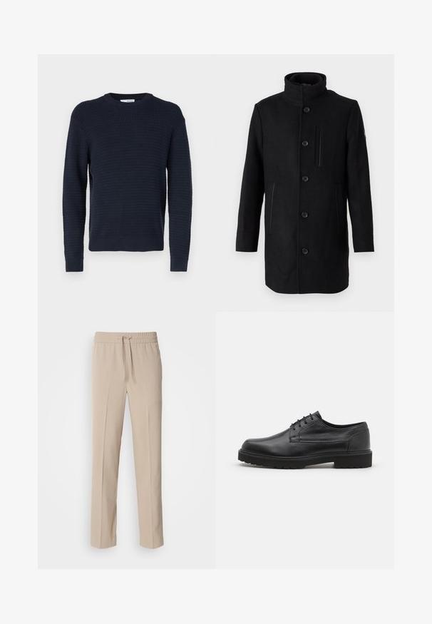 TOM TAILOR 2 IN 1 COAT - Talvitakki - black; Tummansininen tekstiilinen neulepaita, jossa on pyöreä kaula-aukko, pitkät hihat sekä resorit hihoissa ja helmassa. Valmistettu neulomalla, jossa on hienovarainen ruudullinen kuvio.; Beige, housut, joissa on rento istuvuus, valmistettu pehmeästä kankaasta. Niissä on joustava vyötärönyöri ja suorat lahkeet, joissa on minimaalista koristelua.; Musta nahkakenkä, jossa on pyöristetyt kärjet, sileä pinta ja vähäiset ompeleet. Varustettu nauhakiinnityksellä ja paksulla, teksturoidulla kumipohjalla.