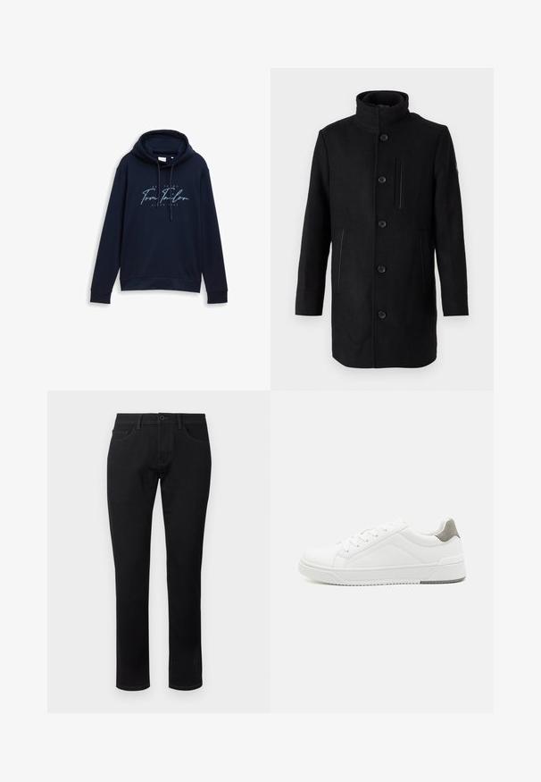 TOM TAILOR 2 IN 1 COAT - Wintermantel - black; Donkerblauwe hoodie met trekkoorden, met een opvallende witte en lichtblauwe logo tekst "Tom Tailor" met het jaar 1962. Zachte textuur.; TOM TAILOR TTJOSH REGULAR SLIM FIT - Jeans Tapered Fit - black denim; Witte sneaker van glad leer met een ronde neus, minimalistisch ontwerp, grijze hielaccent en een geplaatste rubberen zool.