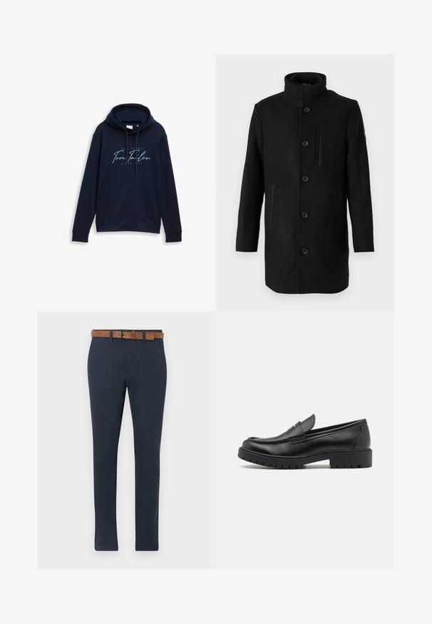 TOM TAILOR 2 IN 1 COAT - Wintermantel - black; Donkerblauwe hoodie met trekkoorden, met een opvallende witte en lichtblauwe logo tekst "Tom Tailor" met het jaar 1962. Zachte textuur.; Donkerblauwe chinos van katoen met een gladde textuur. Voorzien van een bruine suède riem met een gesp en een rechte pijpdesign.; Zwarte leren instappers met een ronde neus, slip-on ontwerp en dikke rubberen zool met een gestructureerde grip. Verhoogde hak en subtiele stikdetails.