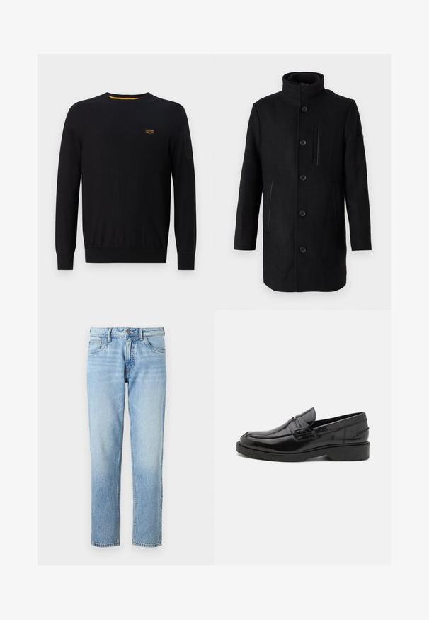 TOM TAILOR 2 IN 1 COAT - Wintermantel - black; Zwarte gebreide trui met een ronde hals, geribde manchetten en een klein logo-opdruk in het geel op de borst. Gladde textuur.; Lichtblauwe denim jeans met een rechte pijp, vijf zakken, vervaagde textuur en een klassieke knoop- en ritsluiting.; Zwarte leren instappers met een gladde afwerking, ronde neus, lage hak en decoratieve stiksels aan de voorkant. Rubberen buitenzool voor grip.