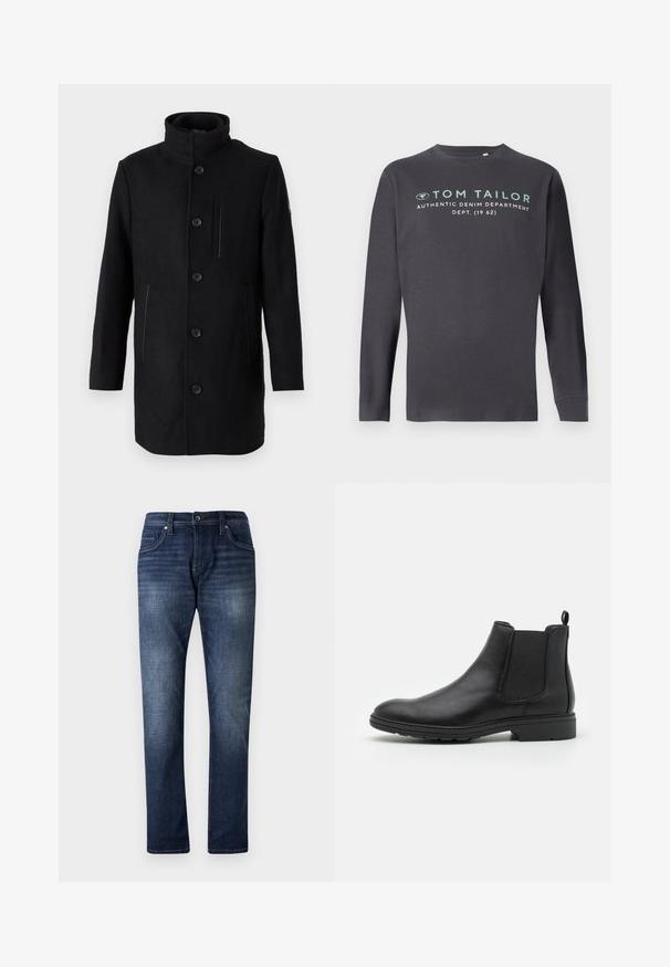 TOM TAILOR 2 IN 1 COAT - Vinterfrakke - black; TOM TAILOR PRINTED - Langærmet T-shirt - tarmac grey; Mørkeblå denimjeans med lige ben design, der har en falmet vask, fem lommer og synlige stikninger langs sømmene.; Sort læder Chelsea-boot med elastiske sidepaneler og en løftestrop, der har en rund tå og en tekstureret gummisål.