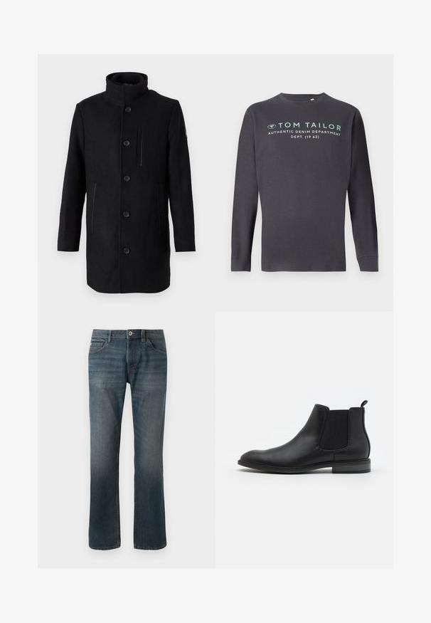 TOM TAILOR 2 IN 1 COAT - Abrigo de invierno - black; TOM TAILOR PRINTED - Camiseta de manga larga - tarmac grey; Jeans de mezclilla azul oscuro con un diseño de pierna recta. Las características incluyen cinco bolsillos, costuras de contraste y un cierre frontal con botón y cremallera.; Bota Chelsea de cuero negro con paneles elásticos en los laterales, punta redondeada y tirador, que presenta un tacón bajo y una textura suave.