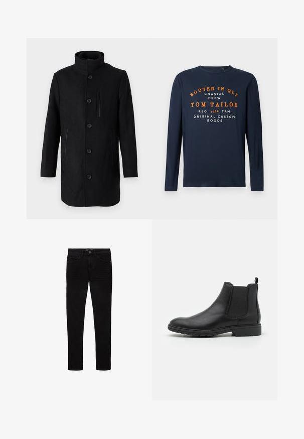 TOM TAILOR 2 IN 1 COAT - Wintermantel - black; Navyblauwe longsleeve t-shirt met ronde hals en oranje en witte tekst: "ROOTED IN QLY COASTAL CREW TOM TAILOR 1962 ORIGINAL CUSTOM GOODS."; Zwarte jeans van denim, met een slim fit ontwerp, vijf zakken en een knoopsluiting. Gladde textuur en minimale stiksels.; Zwarte leren Chelsea-boot met elastische zijpanelen en een trekhaak, met een ronde neus en een gestructureerde rubberen zool.