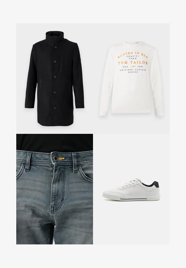 TOM TAILOR 2 IN 1 COAT - Wintermantel - black; Weißes Langarmshirt mit orangefarbener und schwarzer Schrift, auf der steht: "Rooted in QLY Coastal Crew Tom Tailor Reg 1962 TRM Original Custom Goods".; Verblasste blaue Jeans aus Denim mit einem Knopfverschluss, gelben Akzenten am Bund und klassischem Fünf-Taschen-Design. Die Textur wirkt weich und abgenutzt.; Weiße Sneakers mit einem glatten synthetischen Obermaterial, runder Spitze, Schnürdesign, marineblauem Akzent an der Ferse und einer strukturierten Gummisohle mit einem schwarzen Streifen.