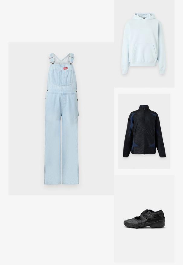 Veste noire et bleu foncé à manches longues avec motifs géométriques, col haut et fermeture éclair à l'avant.; Salopette en denim bleu clair avec bretelles réglables, poche avant avec écusson logo rouge et jambes larges et droites.; Sweat à capuche bleu clair avec poche kangourou à l'avant, poignets et ourlet côtelés, et petit logo discret sur la poitrine gauche.; Sandale de sport noire avec bout fermé, brides Velcro au médio-pied et au talon, et semelle épaisse et rembourrée marquée "AIR" sur le côté.