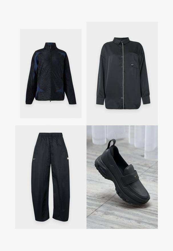Zwart en donkerblauw jack met lange mouwen, geometrische patronen, een hoge kraag en een ritssluiting aan de voorkant.; Zwarte lange mouwen overhemd met knopen, voorzien van witte piping langs de knopen en een borstzak met een klein wit Nike-logo.; Zwarte, loszittende trainingsbroek gemaakt van lichtgewicht materiaal. Voorzien van een elastische tailleband, verstelbaar trekkoord en logo-accenten.; Zwarte lederen instapschoen met een platte zool, een gestructureerde afwerking, een gevoerde bovenzijde en een gouden logo-accent. Ontworpen voor comfort en gemakkelijke draagbaarheid.