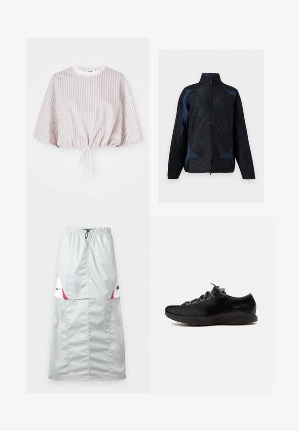 Zwart en donkerblauw jack met lange mouwen, geometrische patronen, een hoge kraag en een ritssluiting aan de voorkant.; Korte mouwen crop top in licht lavendel met witte verticale strepen. Bevat een trekkoord aan de onderkant voor een verstelbare pasvorm.; Lichtgrijze, lange sportrok van glanzend, glad materiaal; met rode en witte accenten, elastische tailleband en Nike-logo aan de zijkant.; Zwarte lage sneaker met een gestructureerde bovenzijde, zwarte veters en een dikke zool met een subtiele Nike-swoosh aan de zijkant.