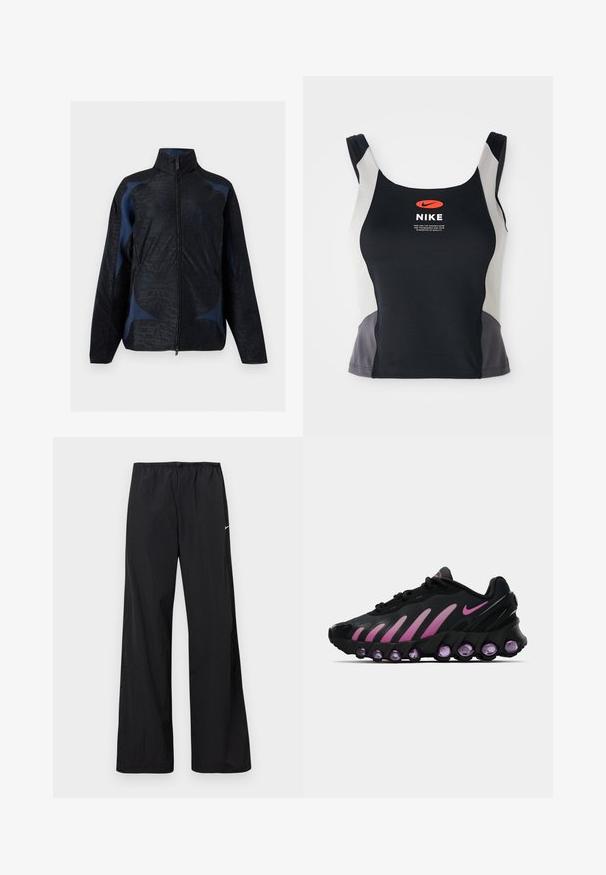 Schwarze und dunkelblaue Langarmjacke mit geometrischen Mustern, hohem Kragen und Frontreißverschluss.; Schwarz-graues sportliches Tanktop mit rundem Halsausschnitt, schmalen Trägern und einem zentralen orangen Nike-Logo, das auf der Vorderseite aufgedruckt ist.; Schwarze, locker sitzende Sporthose mit elastischem Bund und kleinem weißem Nike-Swoosh am linken Oberschenkel, auf weißem Hintergrund dargestellt.; Schwarze und rosa Nike-Sneaker mit einem Mesh-Obermaterial, geschwungenem Design und abgerundeten lila Dämpfungselementen an Sohle und Seiten.