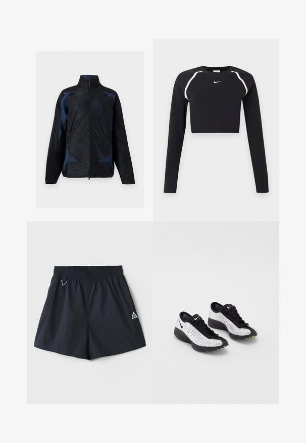 Veste noire et bleu foncé à manches longues avec motifs géométriques, col haut et fermeture éclair à l'avant.; Haut de sport cropped à manches longues noir avec des bandes blanches incurvées sur les épaules et un petit logo Nike swoosh blanc au centre de la poitrine.; Shorts légers bleu marine avec une taille élastique, des poches latérales et un petit logo triangulaire ; texture lisse, design minimaliste.; Baskets Nike avec un uppers blanc perforé, des accents noirs, un bout arrondi et une semelle épaisse noire avec des touches de vert.