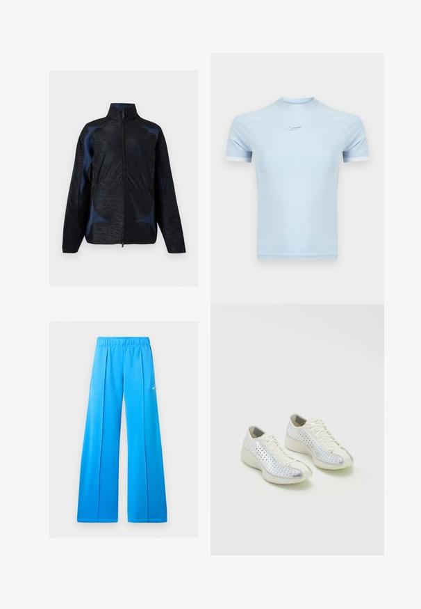 Sort og mørkeblå jakke med lange ærmer, geometriske mønstre, høj krave og lynlås foran.; Lyseblå atletisk t-shirt med korte ærmer lavet af glat stof. Har rund halsudskæring og subtilt Nike-logo på brystet med hvide detaljer.; Lyseblå atletikbukser med vide ben, elastisk linning og lille hvid Nike swoosh-logo på højre lår.; Nike Sportswear AIR SUPERFLY - Sneakers - pale ivory/silver-coloured