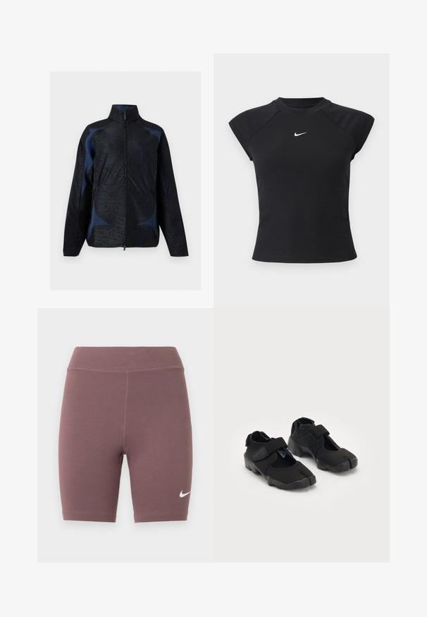 Sort og mørkeblå jakke med lange ærmer, geometriske mønstre, høj krave og lynlås foran.; Sort top med korte ærmer i ribbet tekstur, med rund halsudskæring og lille hvid Nike-logo på brystet.; Bikershorts i en afdæmpet mauvefarve, lavet af elastisk stof. Har en høj talje og en lille hvid Nike swoosh-logo.; Sorte vandsko lavet af fleksibelt stof med en velcrorem, der har et unikt split-tå design og en tekstureret gummisål for bedre greb.