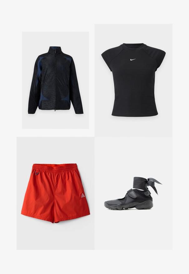 Chaqueta negra y azul oscuro de manga larga con patrones geométricos, cuello alto y cierre frontal con cremallera.; Top negro de manga corta con textura acanalada, con cuello redondo y pequeño logo blanco de Nike en el pecho.; Pantalones cortos deportivos de color rojo brillante con cintura elástica, bolsillos laterales, pequeño mosquetón en el lado izquierdo y logotipo ACG en la pierna derecha.; Zapatilla deportiva negra con aberturas, correas de velcro y envoltura en el tobillo atada en un lazo, vista lateral sobre un fondo blanco.