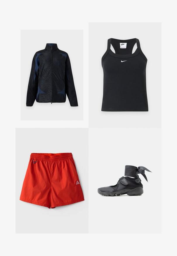 Mustast ja tumesinisest pikade varrukatega jakk geomeetriliste mustrite, kõrge krae ja ees luku sulgemisega.; Mustast Nike'lt ribadega racerback lõikega topp valge Nike swoosh logoga, mis asub kaeluse all keskel.; Erkpunased spordipüksid elastse vöökohaga, küljetaskud, vasakul väike karabiinhaak ja paremal jalal ACG logo.; Must sportlik kets lõhikute, takjakinnituste ja pahkluu ümber seotud paelaga, vaadatuna küljelt valgel taustal.