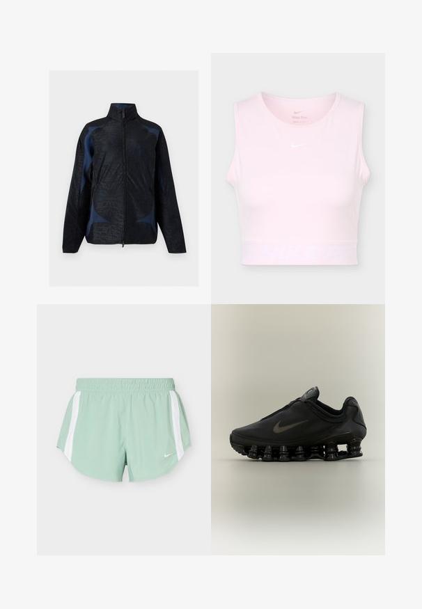 Black and dark blue long-sleeve jacket with geometric patterns, high collar, and front zipper closure.; Light pink sleeveless cropped sports top with round neckline and white Nike swoosh logo on chest and waistband.; Light green athletic shorts with white side stripes and an elastic waistband, featuring a small white Nike logo on the front.; Black Nike sneaker with zippered upper and distinctive spring-like segmented sole, shown in side profile on neutral background.