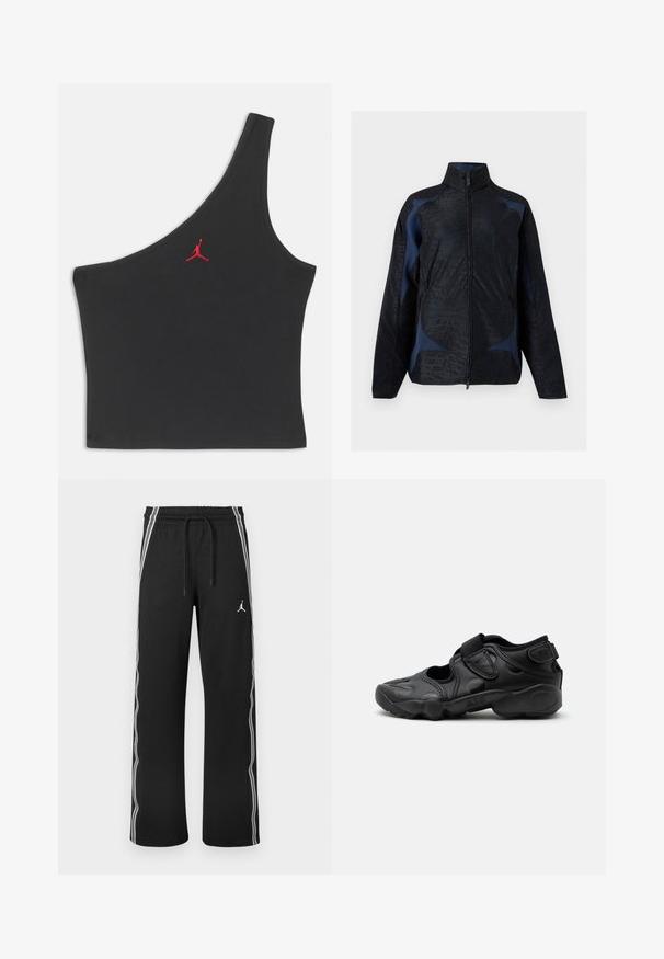 Veste noire et bleu foncé à manches longues avec motifs géométriques, col haut et fermeture éclair à l'avant.; Haut court noir à une épaule avec logo Jumpman rouge brodé au centre de la poitrine sur un fond uni.; Pantalon de sport noir avec des bandes blanches sur les côtés, taille élastique avec cordons de serrage, et un petit logo Jumpman sur la cuisse droite.; Sandale de sport noire avec bout fermé, brides Velcro au médio-pied et au talon, et semelle épaisse et rembourrée marquée "AIR" sur le côté.