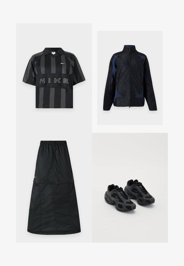 Veste noire et bleu foncé à manches longues avec motifs géométriques, col haut et fermeture éclair à l'avant.; Polo Nike manches courtes à rayures verticales noires et gris foncé, col, virgule Nike blanche et grand texte NIKE sur la poitrine.; Jupe de sport noire en tissu nylon léger et lisse. Elle possède une taille élastique et une coupe simple, longue, en ligne A.; Baskets Nike noires avec des panneaux en maille et en daim, des découpes uniques et des colliers rembourrés. Des accents brillants sur les côtés mettent en valeur un design moderne.
