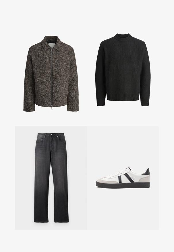 Brun struktureret jakke med lynlås, spredt krave og lange ærmer. Har et børstet stof og en let cropped pasform.; Sort strikket crewneck-sweater med lange ærmer og ribbede manchetter og kant, vist på hvid baggrund.; Sorte, højtaljede straight-leg jeans med frontknap og lynlås, to forlommer og diskrete falmede detaljer.; Hvide sneakers med sorte og grå detaljer, med en tekstureret grå tåhætte, sort gummisål og flade hvide snørebånd. Rent design, minimalistisk stil.