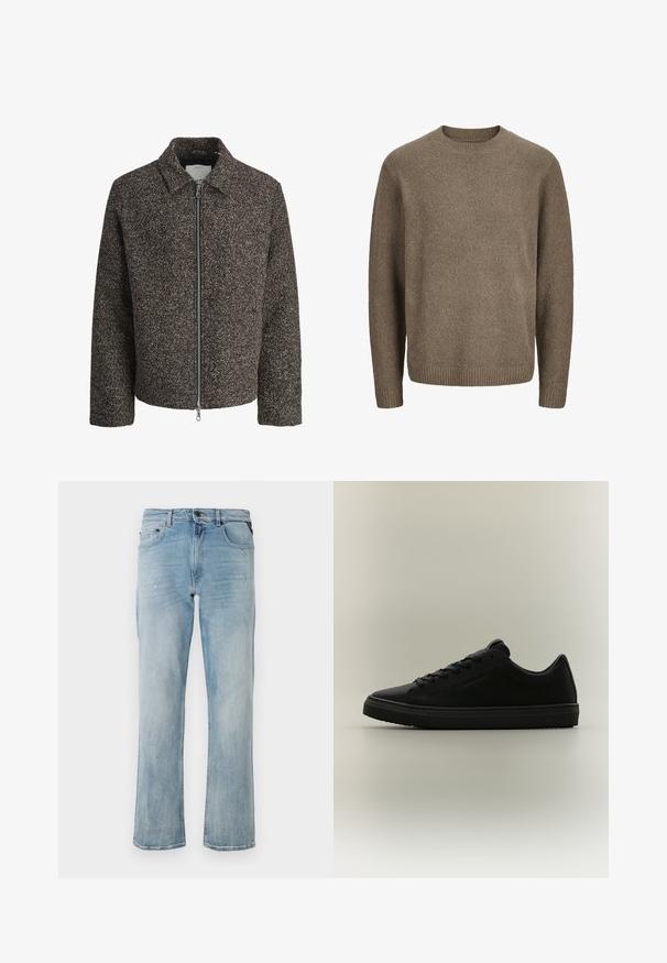 Veste texturée marron avec fermeture éclair, col évasé et manches longues. Présente un tissu brossé et une coupe légèrement courte.; Pull en laine marron à manches longues avec poignets, ourlet et encolure ras-du-cou côtelés.; Jean en denim bleu clair à coupe décontractée, mettant en avant des détails légèrement usés et un design classique à cinq poches.; Baskets basses noires avec lacets à l'avant et semelle texturée, présentées sur un fond neutre en profil latéral.