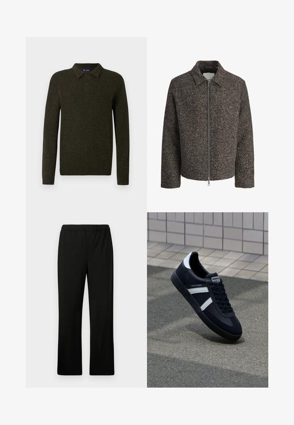Brun struktureret jakke med lynlås, spredt krave og lange ærmer. Har et børstet stof og en let cropped pasform.; Grøn langærmet polo sweater med struktureret finish, to knaplukninger og ribstrikkede manchetter. Enkel, klassisk design der er velegnet til afslappet brug.; Sorte elastiske bukser med lige ben-design. Fremstillet af glat stof, uden synlige mønstre eller udsmykninger.; Sort lædersneaker med hvide striber, tekstureret gummisål og snørrebånd foran. Har et brandet mærke på tungen.