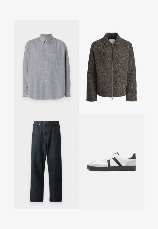 Veste texturée marron avec fermeture éclair, col évasé et manches longues. Présente un tissu brossé et une coupe légèrement courte.; Chemise à manches longues à carreaux noir et blanc, avec un col, une poche poitrine simple et un ourlet arrondi. Tissu en coton, texture lisse.; Jeans en denim foncé avec une coupe droite, dotés d'une disposition traditionnelle à cinq poches et d'une fermeture à bouton en métal à la taille.; Baskets blanches avec des accents noirs et gris, présentant un embout texturé gris, une semelle en caoutchouc noir et des lacets plats blancs. Design épuré, style minimaliste.