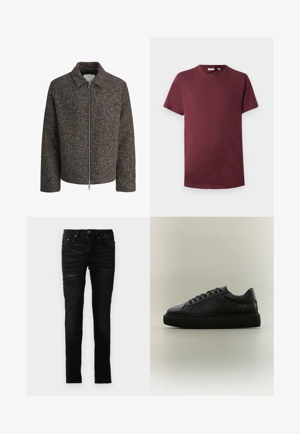 Brun struktureret jakke med lynlås, spredt krave og lange ærmer. Har et børstet stof og en let cropped pasform.; Burgunder crew neck t-shirt i blød bomuld, kortærmet, klassisk pasform, har en lige kant uden mønstre eller hardwaredetaljer.; Sorte skinny jeans med en glat denimoverflade, traditionelt fem-lommer design, lynlåsfront og subtile falmede detaljer på stoffet.; Sort lavtopet læder-sneaker med tyk gummisål og sorte snørebånd, vist fra siden på ensfarvet lyst baggrund.