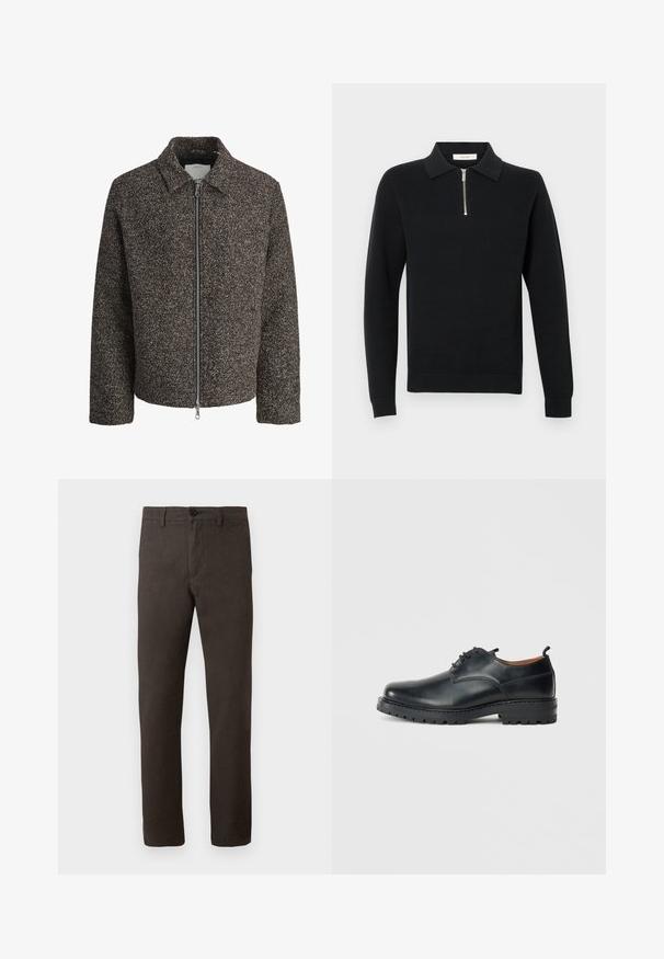 Brun struktureret jakke med lynlås, spredt krave og lange ærmer. Har et børstet stof og en let cropped pasform.; Sort pullover sweater med krave, har en front halvdelslynlås, tekstureret strikmateriale og ribbede manchetter og kant.; Brune bukser lavet af et tekstureret stof, med et lige ben-design, en enkelt knaplukning og et minimalistisk stil.; Sorte læder derby-sko med en glat overflade, rund tå, snøre-design og en tyk, robust gummisål.
