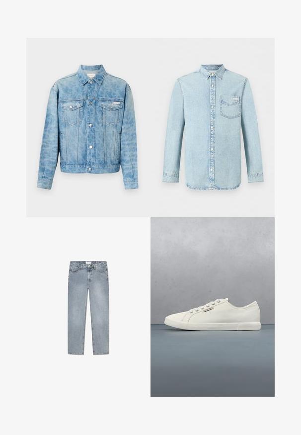 Svetlomodrá rifľová bunda s jemným leopardím vzorom, zapínaním na gombíky, dvoma náprsnými vreckami so záklopkami a logom Calvin Klein na ľavom vrecku.; Svetlomodrá rifľová košeľa s dlhým rukávom, zapínanie na gombíky vpredu, jedno náprsné vrecko s logom Calvin Klein a špicatým golierom.; Svetlo modré džínsy s rovnými nohavicami, päť vreciek, zapínanie na gombík, jemné vyblednutie a prešitie pozdĺž vreciek.; Biele plátené tenisky s nízkym profilom, okrúhlou špičkou a minimalistickým šnurovaním. Majú textúrovanú tkaninu a gumovú podrážku.