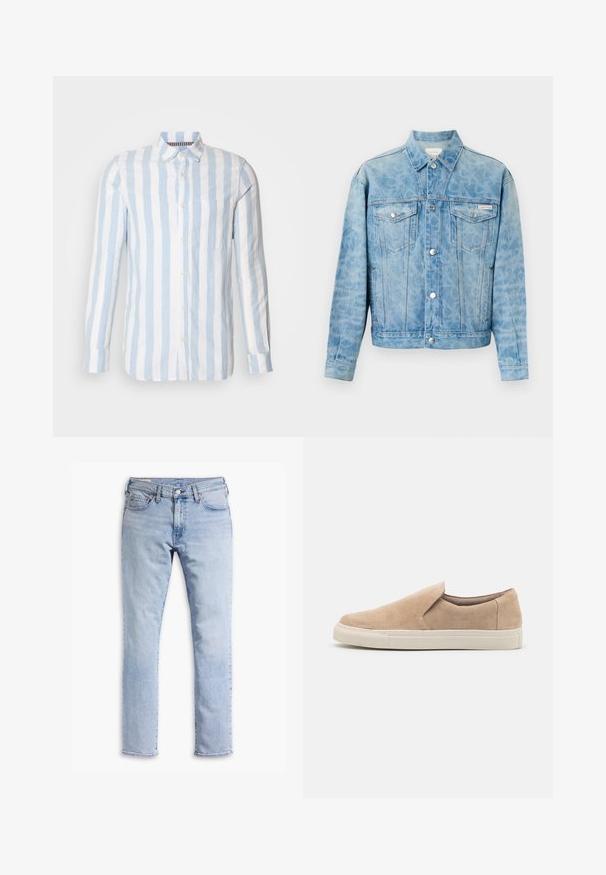Hellblaue Jeansjacke mit dezentem Leopardenmuster, Knopfverschluss, zwei Brustklappentaschen und Calvin Klein-Logo auf der linken Tasche.; Hellblaue und weiße gestreifte Langarmbluse aus Leinen mit Knopfleiste und einer einzelnen Brusttasche.; Hellblaue Jeans aus Denim mit geradem Bein, fünf Taschen, braunen Nähten und einem Knopfverschluss vorne. Abgenutztes Erscheinungsbild und keine Verzierungen.; Beige Slipper aus Wildleder mit runder Zehenpartie, elastischen Seiten und einer weißen Gummisohle mit strukturierten Akzenten.