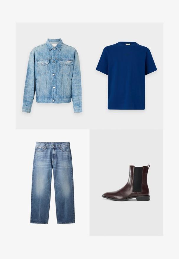 Lyseblå denimjakke med diskret leopardprint, knaplukning, to brystlommer med klap samt Calvin Klein-logo på venstre lomme.; Ensfarvet blå T-shirt med korte ærmer, rund hals og et diskret lille logotekst centralt på brystet mod en ensfarvet baggrund.; Lyseblå jeans med lige ben, falmede områder, fem lommer, knaplukning og Calvin Klein-mærke på højre forlommer.; Brune læder Chelsea-støvle med elastiske sidepaneler, spids tå og en glat overflade. Sort sål og diskret syning.