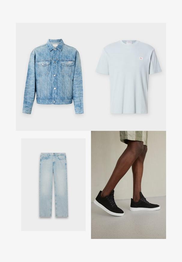 Hellblaue Jeansjacke mit dezentem Leopardenmuster, Knopfverschluss, zwei Brustklappentaschen und Calvin Klein-Logo auf der linken Tasche.; Hellblaues T-Shirt mit Waffelstrickmuster, kurzen Ärmeln, Rundhalsausschnitt und kleinem rotem und weißem "CK"-Logo-Patch auf der linken Brust.; Hellblaue Jeans aus Denim mit geradem Bein, fünf Taschen und einem verwaschenen Finish. Metallbeschläge und gestickte Details sind sichtbar.; Schwarze Wildledersneaker mit weißen Gummisohlen, runden Schnürsenkeln, niedrigem Design und glatter Textur.