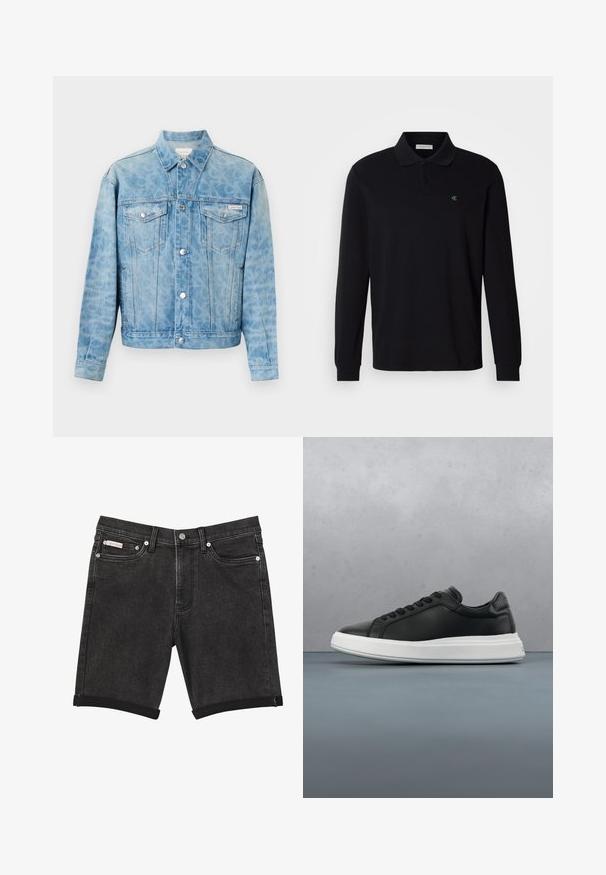 Hellblaue Jeansjacke mit dezentem Leopardenmuster, Knopfverschluss, zwei Brustklappentaschen und Calvin Klein-Logo auf der linken Tasche.; Schwarzes langärmeliges Poloshirt aus Baumwolle mit einer Dreiknopf-Leiste und einem kleinen, grünen, auf der linken Brust gestickten Logo.; Schwarze Denim-Shorts mit umgeschlagenen Säumen, vorderer Knopf- und Reißverschluss, Gürtelschlaufen und Vordertaschen auf einfarbigem Hintergrund.; Schwarze Ledersneaker mit glatter Oberfläche, weißer Gummisohle, rundem Design, sechs Ösen für die Schnürsenkel und dezentem Branding an der Ferse.