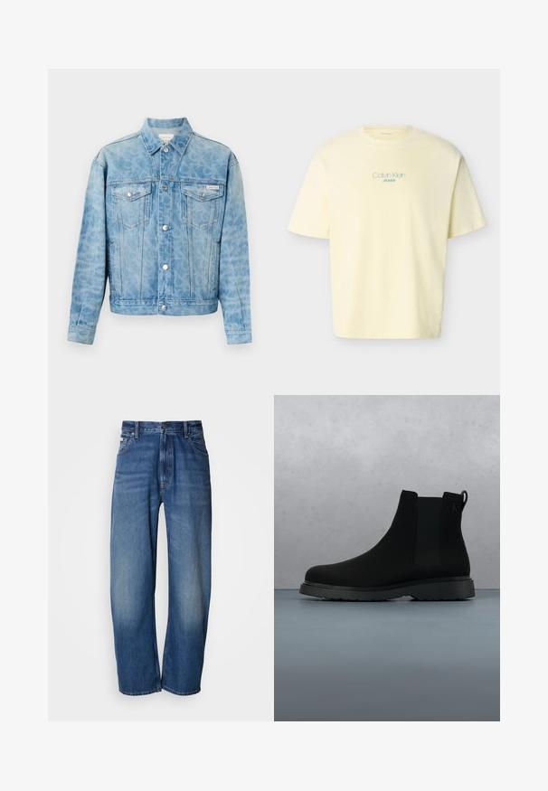 Lyseblå denimjakke med diskret leopardprint, knaplukning, to brystlommer med klap samt Calvin Klein-logo på venstre lomme.; Lysegul kortærmet T-shirt med blå "Calvin Klein JEANS" tekst centreret på brystet, ensfarvet baggrund.; Denimjeans med vide ben i en mellemblå vask. Har lynlås, fem lommer og let falmning for et slidt look. Klassiske syningdetaljer.; Sort ankelstøvle lavet af glat materiale med diskrete syninger, en gummisål og et strømlinet design, placeret over en overflade med træstruktur.