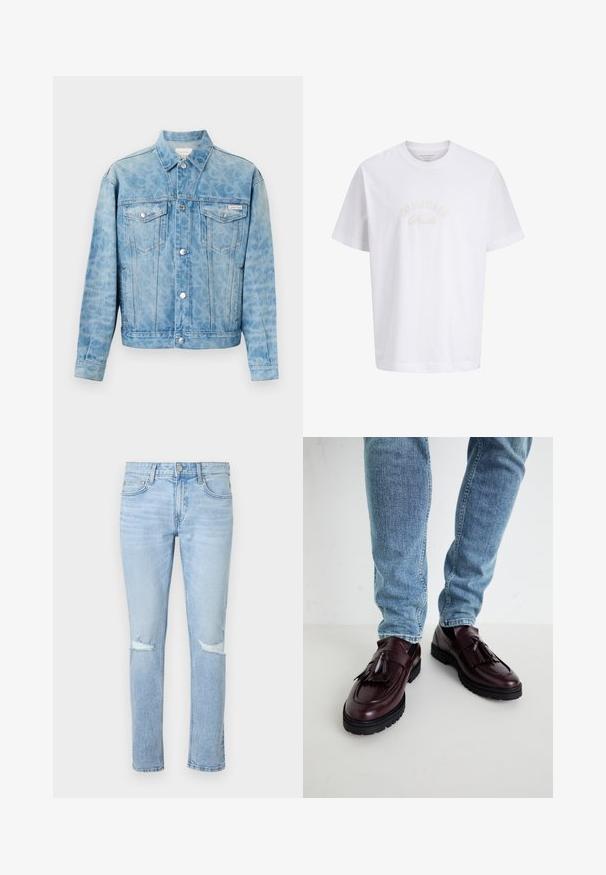 Lyseblå denimjakke med diskret leopardprint, knaplukning, to brystlommer med klap samt Calvin Klein-logo på venstre lomme.; Hvid bomulds-t-shirt med korte ærmer, rund hals og diskret "ORIGINALS" broderi i lys farve over brystet.; Lyseblå jeans med lige ben, slidte pletter på begge knæ, lukning med knapper foran og design med fem lommer.; Bordeaux læder loafers med kvaster og en tekstureret overdel, parret med lyseblå denimjeans. Sort gummisål synlig.