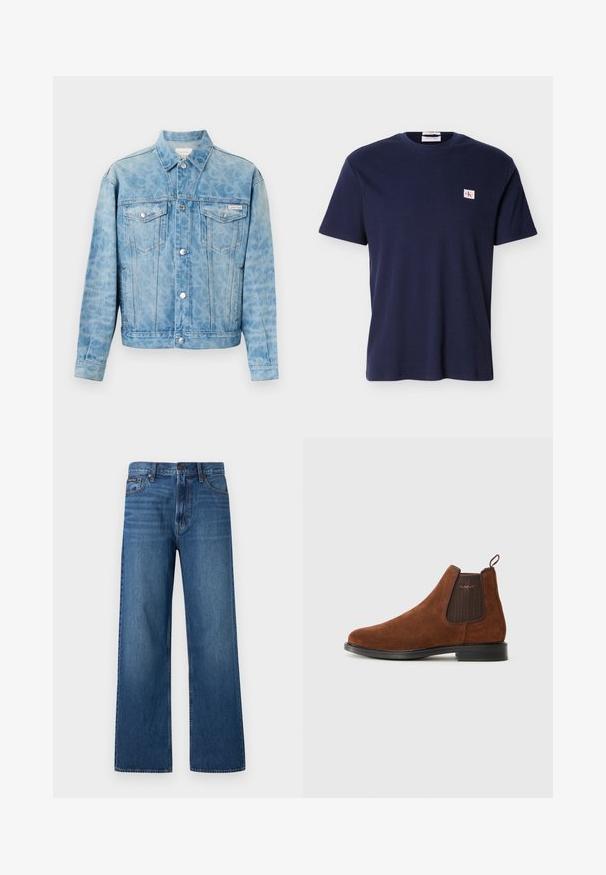 Lyseblå denimjakke med diskret leopardprint, knaplukning, to brystlommer med klap samt Calvin Klein-logo på venstre lomme.; Marineblå kortærmet ribstrikket t-shirt med rund hals og lille Calvin Klein logo-patch på venstre bryst.; Blå, højtaljede, straight-fit jeans med knapper og lynlås foran, fem lommer og en lille mærket patch på højre lomme.; Brune ruskinds Chelsea-støvle med elastisk sideskilt, løkke til at trække i bagpå, sort sål og subtil "GANT" logo på sideskilt.
