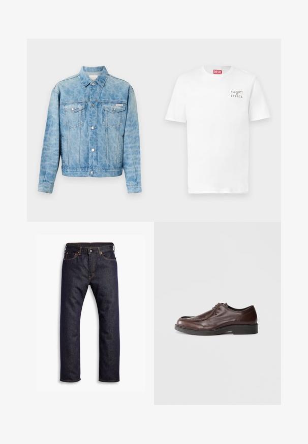 Hellblaue Jeansjacke mit dezentem Leopardenmuster, Knopfverschluss, zwei Brustklappentaschen und Calvin Klein-Logo auf der linken Tasche.; Weißes Baumwoll-T-Shirt mit kurzen Ärmeln, rundem Halsausschnitt und einem kleinen schwarzen "PROPERTY OF DIESEL" Aufdruck auf der linken Brustseite.; Dunkelblaue gerade geschnittene Jeans aus Denim mit fünf Taschen und orangefarbenen Kontrastnähten, flach auf einem weißen Hintergrund ausgelegt.; Braune Lederdressschuhe mit einer abgerundeten Spitze, minimalen Nähakzenten und einer robusten schwarzen Sohle. Verfügt über eine Schnürung und eine glatte Textur.