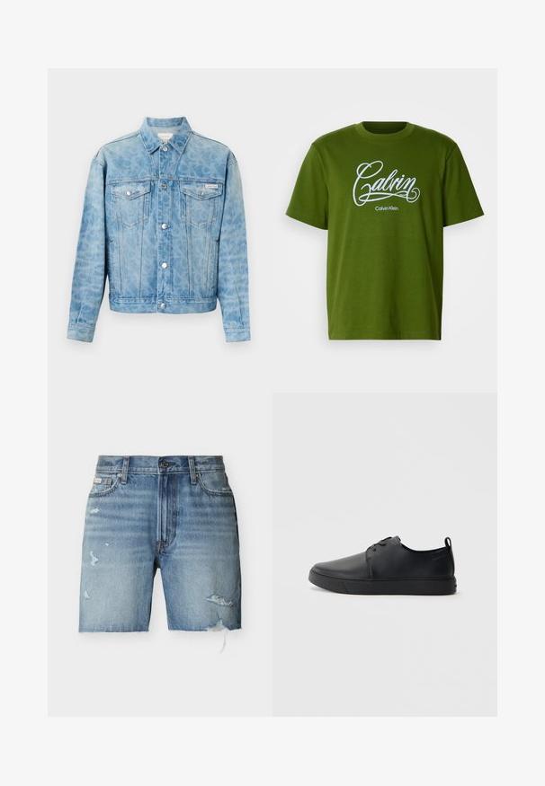 Veste en jean bleu clair avec imprimé léopard subtil, fermeture à boutons, deux poches à rabat sur la poitrine et logo Calvin Klein sur la poche gauche.; T-shirt vert à manches courtes avec le script blanc "Calvin" et le texte "Calvin Klein" centré à l'avant sur un fond uni.; Shorts en denim bleu clair avec bords effilochés, détails usés sur les deux jambes, fermeture avant par boutons, et poches avant sur fond blanc.; Baskets en cuir noir avec une finition lisse, bout arrondi, coutures ton sur ton, devant à lacets et semelle plate en caoutchouc. Anse au talon.