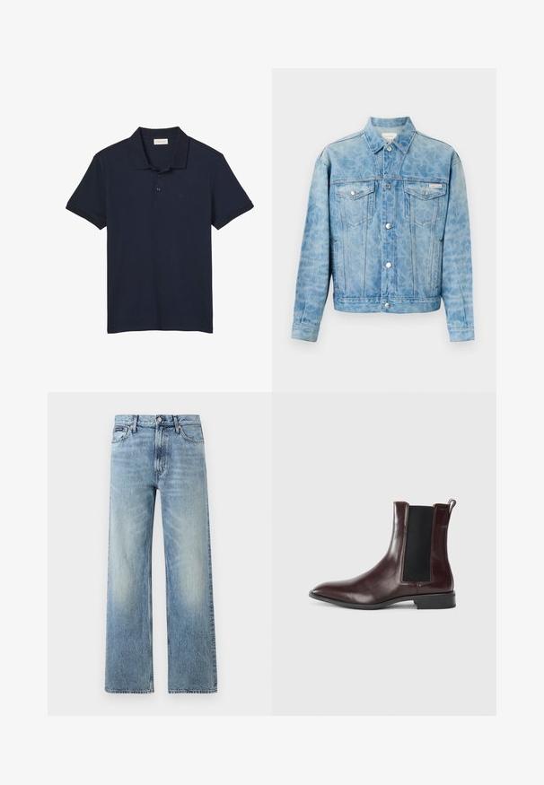 Veste en jean bleu clair avec imprimé léopard subtil, fermeture à boutons, deux poches à rabat sur la poitrine et logo Calvin Klein sur la poche gauche.; Polo bleu marine à manches courtes avec col et trois boutons, avec un logo discret "cK" sur le côté gauche de la poitrine.; Jean droit en denim bleu clair avec taille haute, cinq poches, fermeture à boutons et léger délavage sur les cuisses et les genoux.; Bottine Chelsea en cuir marron avec des panneaux latéraux élastiques, un bout pointu et une texture lisse. Semelle noire et détails de couture subtils.