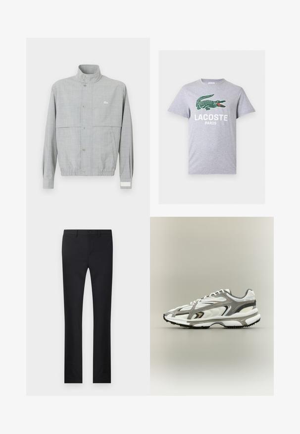 Chaqueta gris claro de tejido transpirable, con cuello alzado, cierre de botones a presión y puños elásticos; incluye un pequeño logotipo.; Camiseta de manga corta color gris claro con un logo de cocodrilo verde y texto blanco "LACOSTE PARIS" centrado en el pecho.; Pantalones negros con diseño de pierna recta, confeccionados en una tela suave. Presenta bolsillos frontales, cierre de botón y trabillas para cinturón.; Zapatilla deportiva con una parte superior de malla blanca, acentos grises, suela de goma negra y un diseño aerodinámico. Presenta cordones y detalles texturizados.