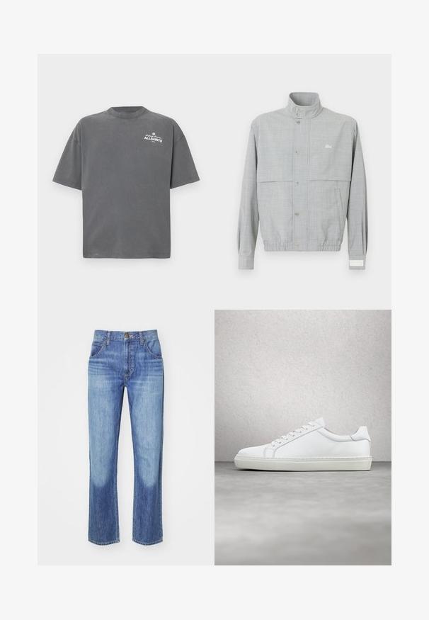 Chaqueta gris claro de tejido transpirable, con cuello alzado, cierre de botones a presión y puños elásticos; incluye un pequeño logotipo.; Camiseta de manga corta de color gris oscuro con cuello redondo y pequeño logo blanco "ALLSAINTS" en la parte superior izquierda del pecho.; Jeans de mezclilla azul con corte recto, lavado claro, diseño de cinco bolsillos, botón de bronce y costuras en contraste en las costuras.; Zapatilla blanca con parte superior de cuero liso y perfil bajo. Presenta una puntera redondeada, seis ojales y una suela de goma texturizada.