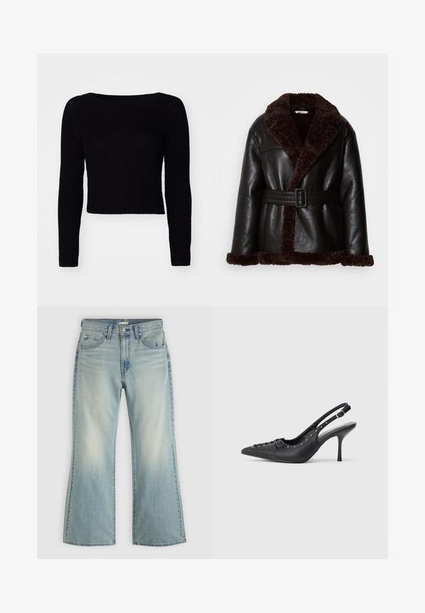 Veste en cuir noir avec doublure en peau de mouton brun foncé, large col, et ceinture assortie avec boucle rectangulaire.; Pull en tricot noir à manches longues avec une texture côtelée et une encolure large ; longueur cropped avec des détails de couture subtils sur les manches.; Jean en denim bleu clair avec une taille haute, un bouton et une fermeture éclair à l'avant, cinq poches et des jambes légèrement évasées.; Escarpin en cuir noir à talon aiguille avec un bout pointu, une bride latérale à boucle, des clous le long du bord et un laçage décoratif à l'avant.