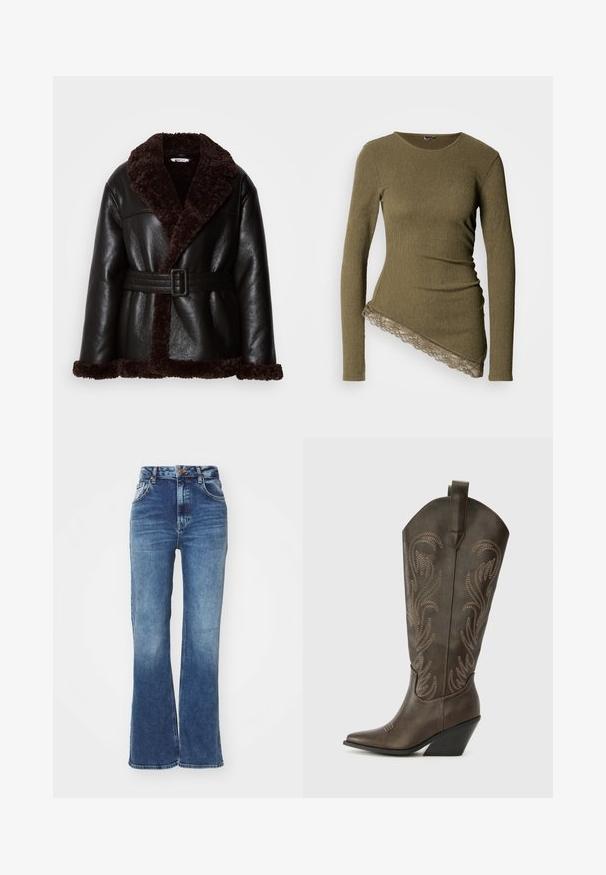 Chaqueta de cuero negra con forro de borreguillo marrón oscuro, cuello ancho y cinturón a juego con hebilla rectangular.; Top de manga larga verde oliva con tejido acanalado texturizado, dobladillo asimétrico y ribete de encaje a lo largo del borde inferior.; Vaqueros de tiro alto con campana en una mezclilla azul medio. Diseño de cinco bolsillos con cierre de botón frontal. Presenta un lavado desgastado y costuras en contraste.; Bota de vaquero de cuero marrón con puntera afilada, tacón en cuña y bordado decorativo. Presenta un caña alta y una lengüeta de agarre.