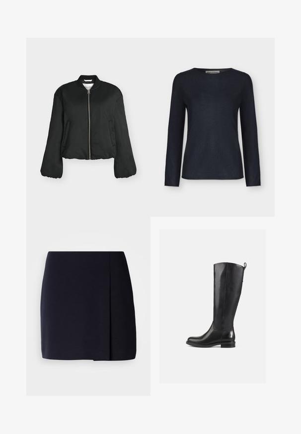 Blouson bomber noir avec fermeture éclair devant, col côtelé, manches longues, poches latérales et longueur légèrement raccourcie, photographié sur fond blanc.; Pull noir à manches longues avec col rond, design simple et ajusté, et étiquette Marc O'Polo à l'intérieur du col.; Une mini-jupe noire à silhouette droite, fabriquée en tissu doux, avec un pli latéral pour un détail supplémentaire et un ourlet net.; Bottes en cuir noir jusqu'au genou avec une finition lisse, bout rond, talon bas et une languette à l'arrière. Design minimaliste sans motifs visibles.