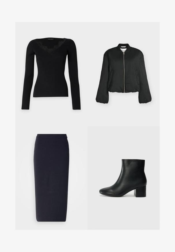 Blouson bomber noir avec fermeture éclair devant, col côtelé, manches longues, poches latérales et longueur légèrement raccourcie, photographié sur fond blanc.; Haut noir à manches longues en maille côtelée avec un décolleté en V orné de dentelle. La texture du tissu semble lisse et ajustée, idéale pour des looks superposés.; Jupe crayon bleu marine, jusqu'aux genoux, avec une taille ajustée et une silhouette droite sur fond blanc.; Bottines en cuir noir avec un bout pointu et un talon épais. Texture lisse avec des accents minimalistes et un design élégant et ajusté.