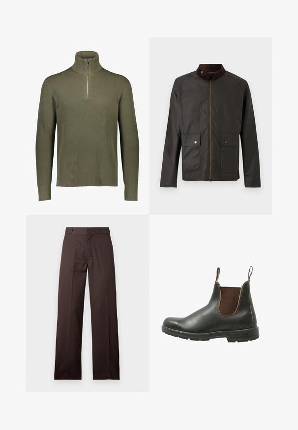 Barbour BEDALE WAX JACKET - Veste mi-saison - olive; Pull en maille côtelée vert olive avec col montant et fermeture à quart de zip. Il présente des manches longues et une finition texturée.; Pantalon marron droit avec passants de ceinture et fermeture éclair à l'avant, présenté sur un fond clair uni.; Bottines Chelsea en cuir noir lisse avec des panneaux élastiques marron sur les côtés, des coutures contrastantes et une semelle en caoutchouc texturée.