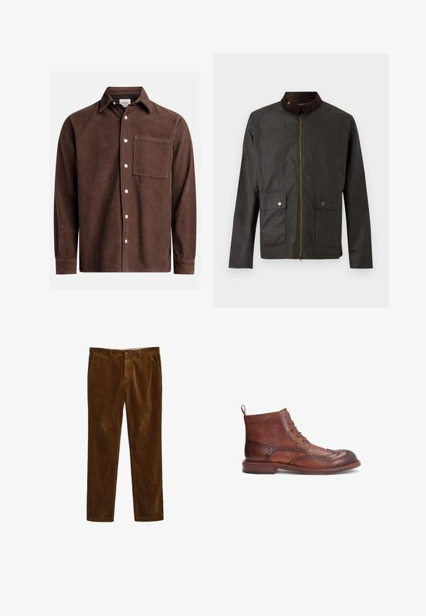Barbour BEDALE WAX JACKET - Veste mi-saison - olive; Chemise en velours côtelé marron avec un col boutonné, poche avant, boutons blancs et manches longues avec des poignets boutonnés. Détail de tissu texturé.; Pantalons en velours côtelé marron avec une coupe droite, dotés d'une fermeture à bouton à l'avant et de deux poches latérales. Tissu texturé avec un motif à côtes.; Botte en cuir marron avec des détails brogue décoratifs, bout rond, design à lacets et un petit talon empilé. Comprend une languette à l'arrière.