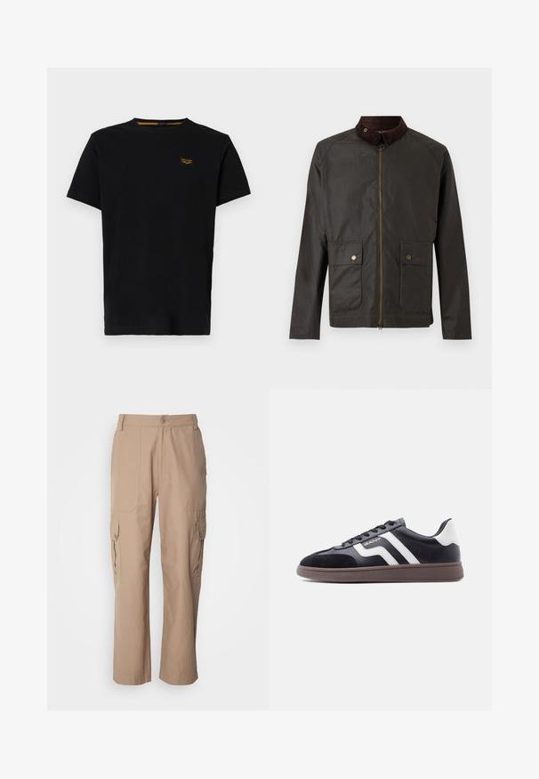 Barbour BEDALE WAX JACKET - Jas - olive; Zwarte katoenen T-shirt met korte mouwen, ronde hals en een klein merkpatch in contrasterend geel op de linkerborst.; Khaki cargobroek gemaakt van lichtgewicht stof, met twee zijzakken, een knoopsluiting en een recht toe recht aan ontwerp.; Zwarte sneakers van suède en synthetisch materiaal, met witte diagonale strepen en een bruine textuurzool. Voorzien van een veterontwerp en een gevoerde kraag.