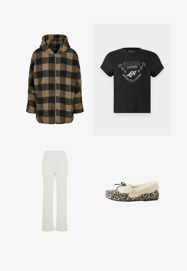 Chaqueta de forro polar con capucha en patrón de cuadros negro y marrón, con cierre de cremallera completo y tejido suave y texturizado. Corte relajado con mangas anchas.; Camiseta negra de manga corta hecha de algodón con un diseño gráfico que presenta "GUESS CALIFORNIA" y "LA" en blanco con detalles de estrellas.; Pantalones de punto acanalado de color crema con un diseño acampanado. Cuenta con una amplia cinturilla elástica y rayas verticales para mayor textura.; Zapatilla de casa con estampado de leopardo, forro de piel sintética beige, acento de lazo negro, suela plana, punta redondeada y exterior de textil suave.