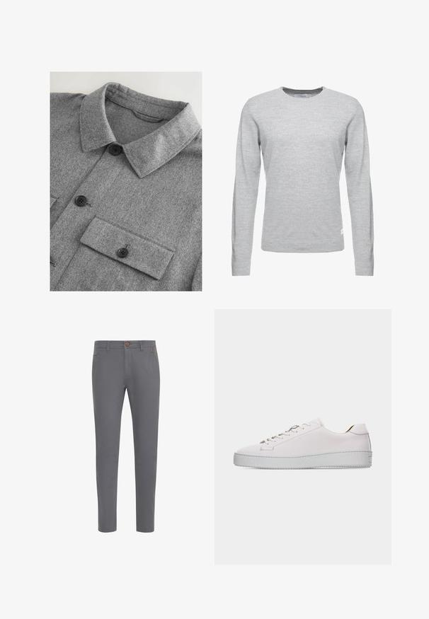 Grau melierte Wollmischung Herbstjacke mit einem Spread-Kragen, zwei Brusttaschen und schwarzen Knöpfen. Die Struktur ist weich und leicht meliert.; Hellgrauer Pullover, lange Ärmel, Rundhalsausschnitt, weiche Textur, minimalistisches Design, kleines Logoetikett am unteren linken Saum.; Graue Baumwollhosen mit einer taillierten Passform, ausgestattet mit einem Knopfverschluss, normalen Taschen und einer glatten Textur.; Weißer Sneaker aus Leder im Low-Top-Stil mit weißen Schnürsenkeln, flacher strukturierter Gummisohle und minimaler Naht, von der Außenseite auf weißem Hintergrund gezeigt.