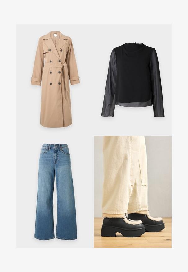 Beige dobbeltradet trenchcoat med sorte knapper, brede revers, lange ærmer, bælte i taljen og manchetstraps, hængende mod en hvid baggrund.; Sort langærmet top med let og gennemsigtigt stof. Rund halsudskæring og lige snit. Glat tekstur med en blød, flydende fremtoning.; Blå højtaljede denimjeans med vide ben, knaplukning foran, lynlås og fem-lomme-stil på ensfarvet baggrund.; Sorte platformstøvler med en rund tå, der har en fluffy cremefarvet krave og snøre detaljer, parret med løse beige bukser på et trægulv.
